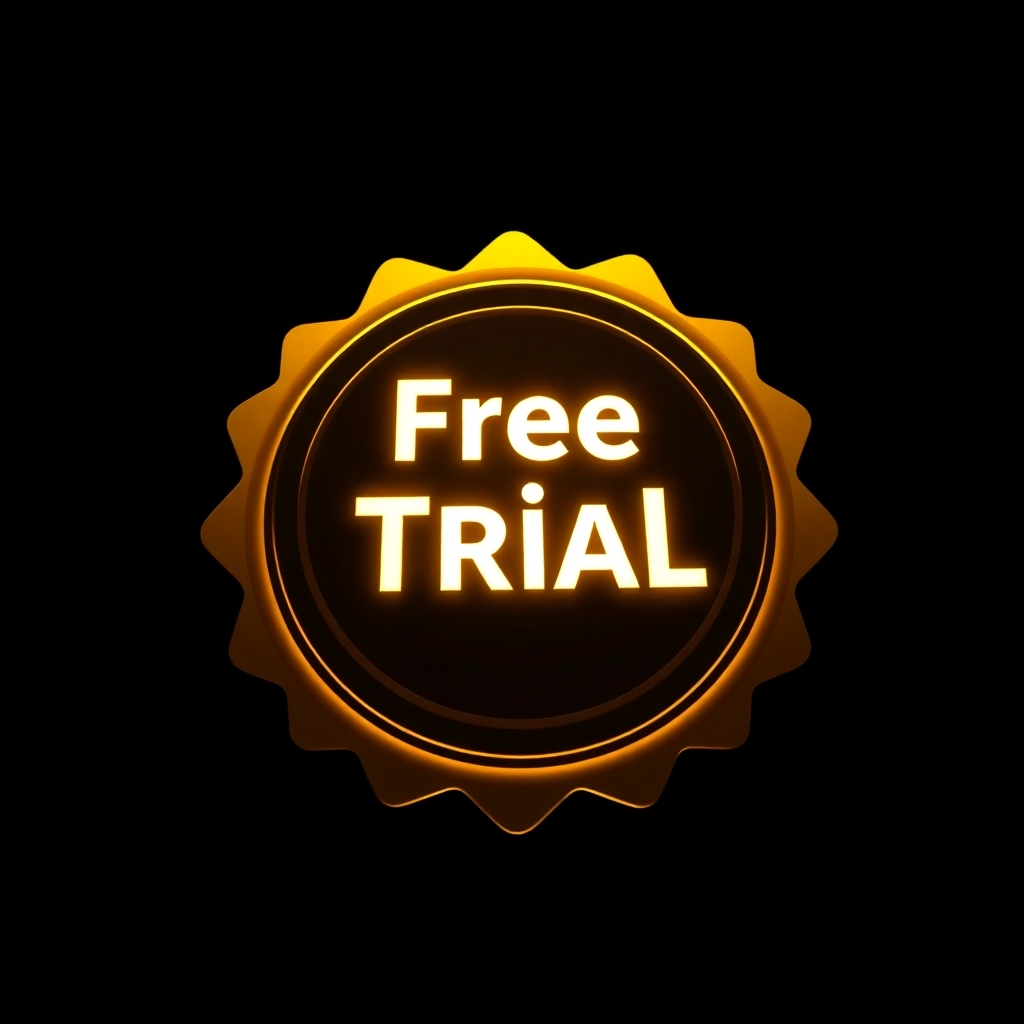 A conceptual image of a 'Free Trial' badge shining brightly on a dark background, symbolizing opportunity and no risk. The lighting is dramatic, focusing on the badge. The color palette is high contrast, with the badge in a glowing yellow. The camera angle is straight-on for maximum impact. Style references include promotional and motivational visuals.