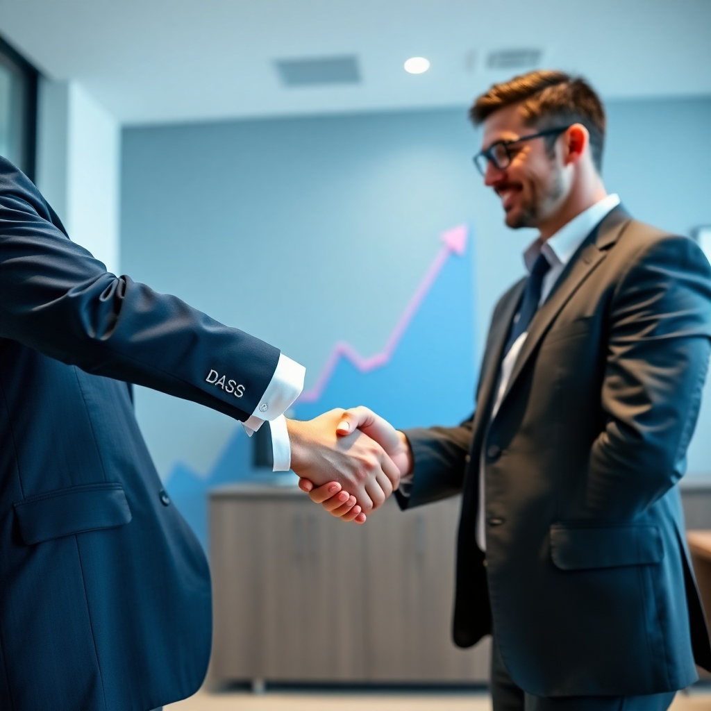 A conceptual image of a handshake between a businessman and a digital marketer, with a graph in the background showing a steep upward trend. The environment is professional yet welcoming. The lighting highlights the handshake and the graph. The color palette is trustworthy, with blues and grays. The camera angle captures the moment of agreement. Style references include corporate partnership imagery.