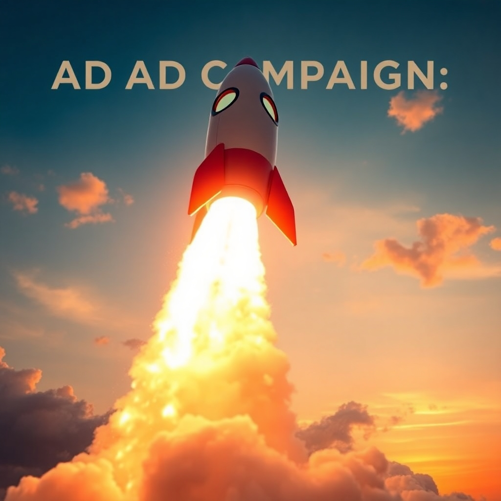 A conceptual image of a rocket taking off with a 'Click Here' sign on its side, symbolizing the launch of a successful ad campaign. The background is a sky with clouds and a sunset. The lighting is dramatic, with the rocket illuminated. The color palette is warm, with oranges and blues. The camera angle is low to emphasize the ascent. Style references include motivational and success-themed imagery.