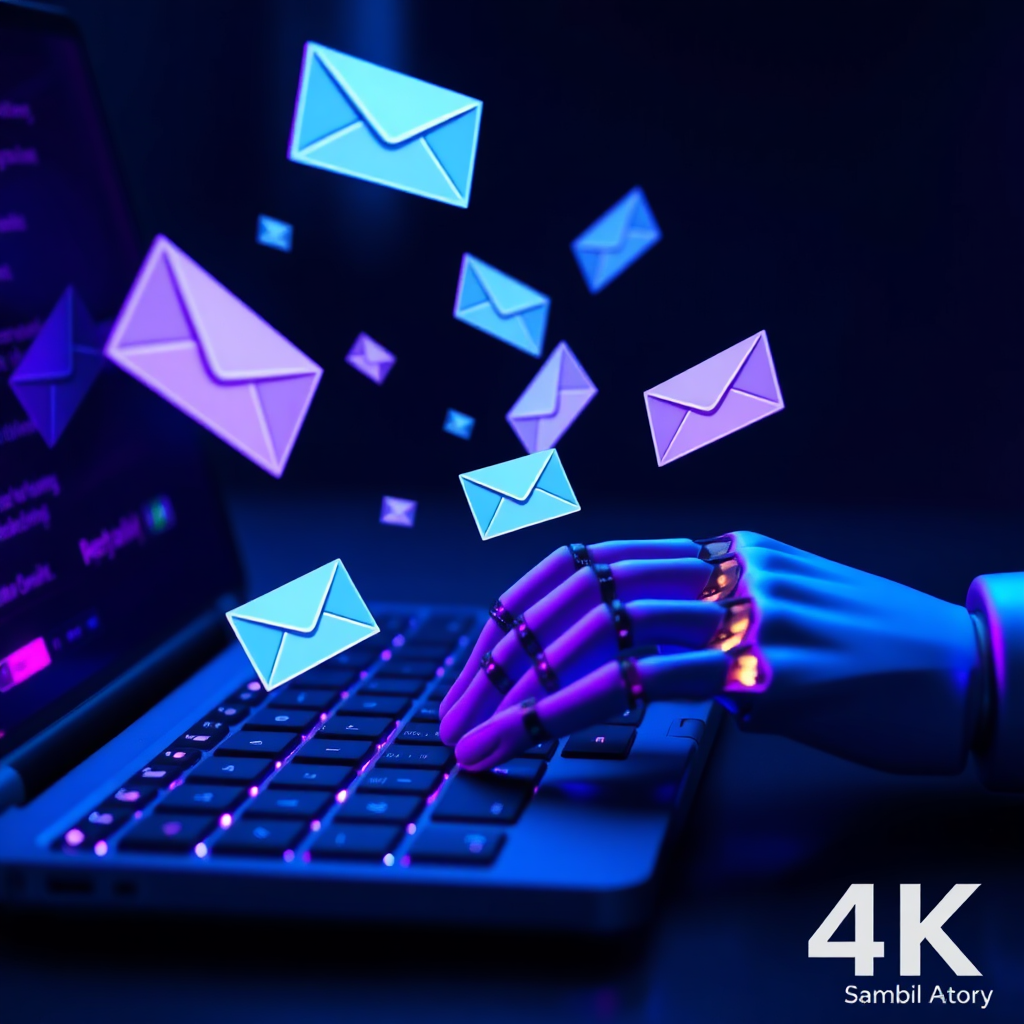 A conceptual image of AI personalizing emails, represented by a robot hand typing on a keyboard with emails flying out, symbolizing automation and personalization. Lighting is futuristic, with a blue and purple color scheme. Technical specs: 4K resolution.
