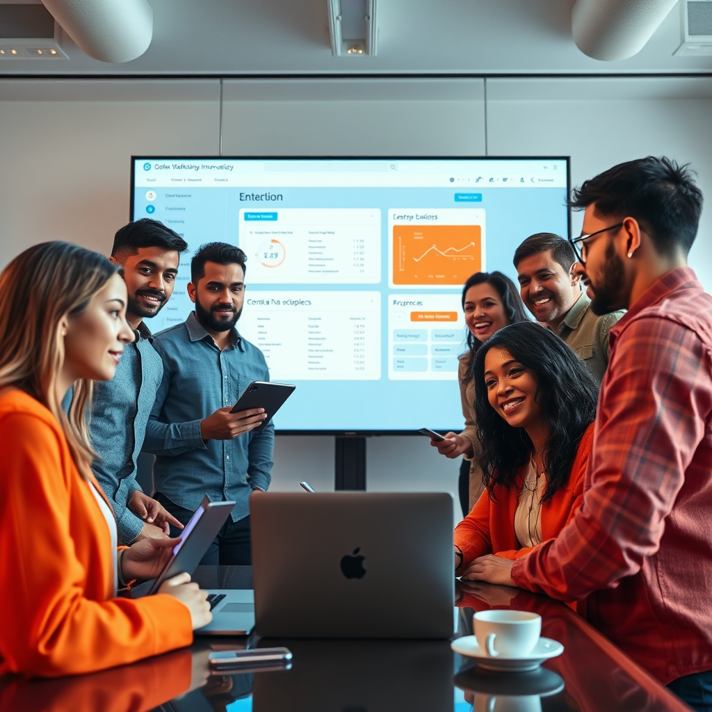 A photorealistic image capturing the essence of digital marketing innovation. The scene features a diverse team of professionals collaborating around a large, interactive screen displaying our software's interface, symbolizing teamwork and technology. Lighting is natural and inviting, with a color palette of energetic oranges and calming blues. The camera angle is at eye level, creating a sense of inclusion. Texture details include the team's attire, the screen's glow, and the office's modern decor. Props include laptops, tablets, and coffee cups, emphasizing a creative and productive atmosphere. Style references include contemporary corporate photography. Technical specs: 4K resolution, high quality.