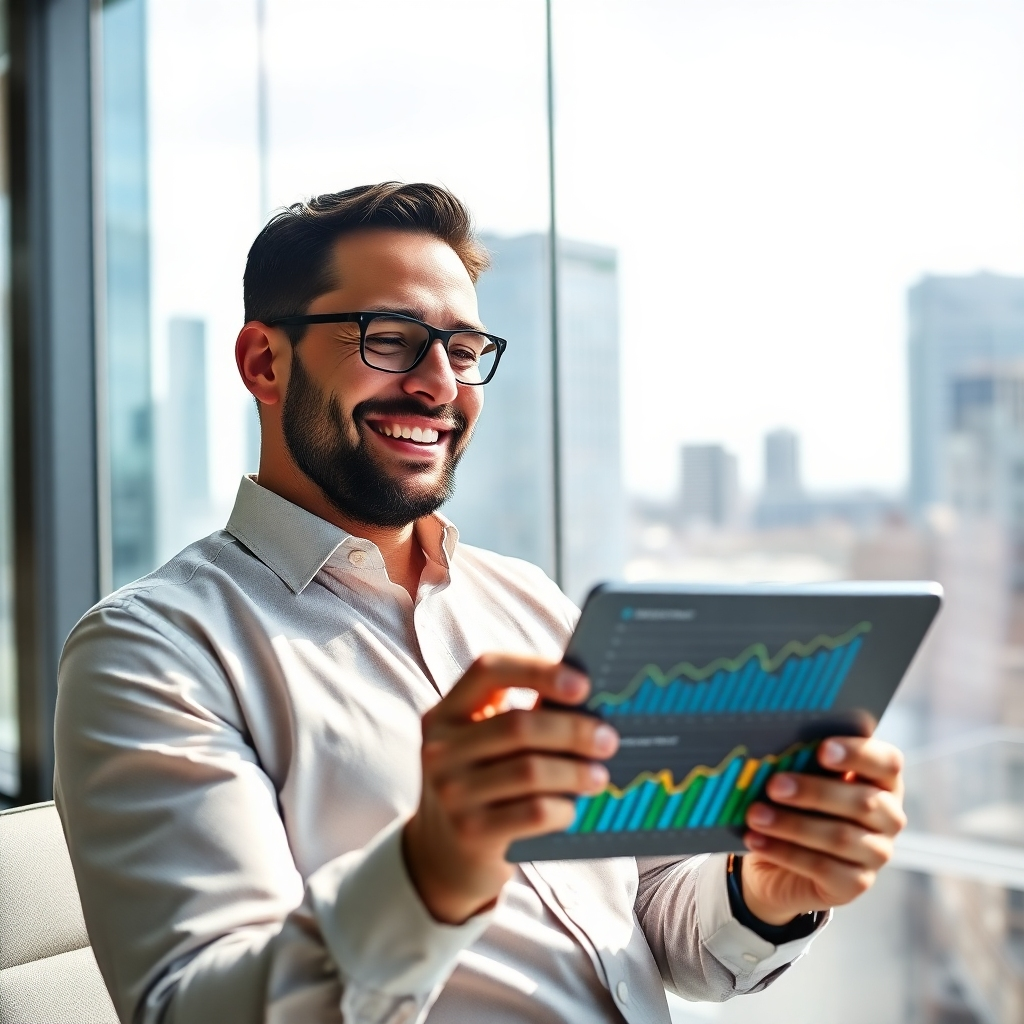 A photorealistic image of a businessman smiling while looking at a tablet showing analytics with upward trends. The setting is a modern office with a glass wall overlooking a cityscape. The lighting is bright and optimistic, with a color palette of neutral tones and accent colors for the graphs. The camera angle is medium close-up to capture the emotion and the data. Style references include corporate photography with a focus on success and achievement.