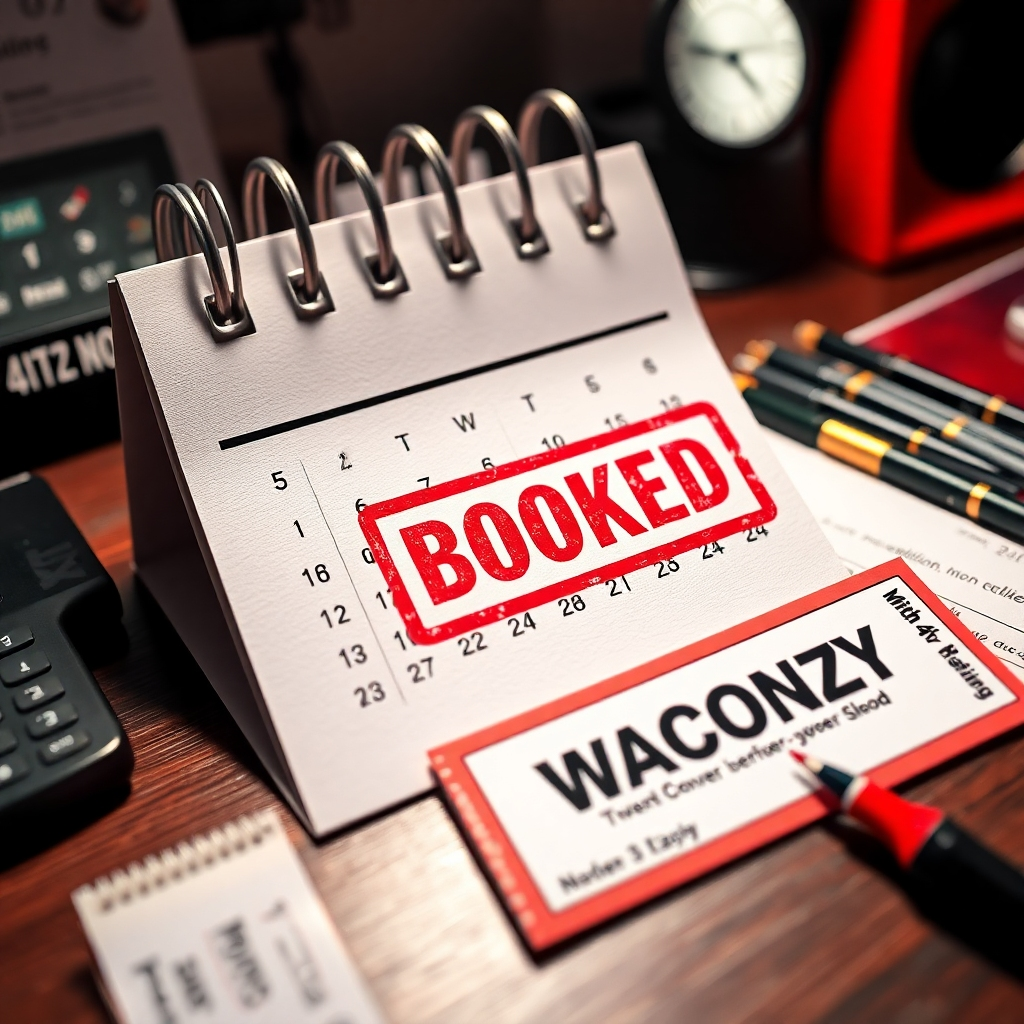 A photorealistic image of a calendar with a 'Booked' stamp over a future date, alongside a ticket to Waconzy's show. The composition highlights the urgency of booking, with bright, attention-grabbing lighting. The color palette is bold, with reds, blacks, and whites. The camera angle is straight-on, focusing on the calendar and ticket. Texture details include the paper texture of the calendar and the glossy ticket. The environment is a desk with booking materials. Props include pens and a phone. Style references include promotional and advertising photography. Technical specs: 4K resolution, high quality.