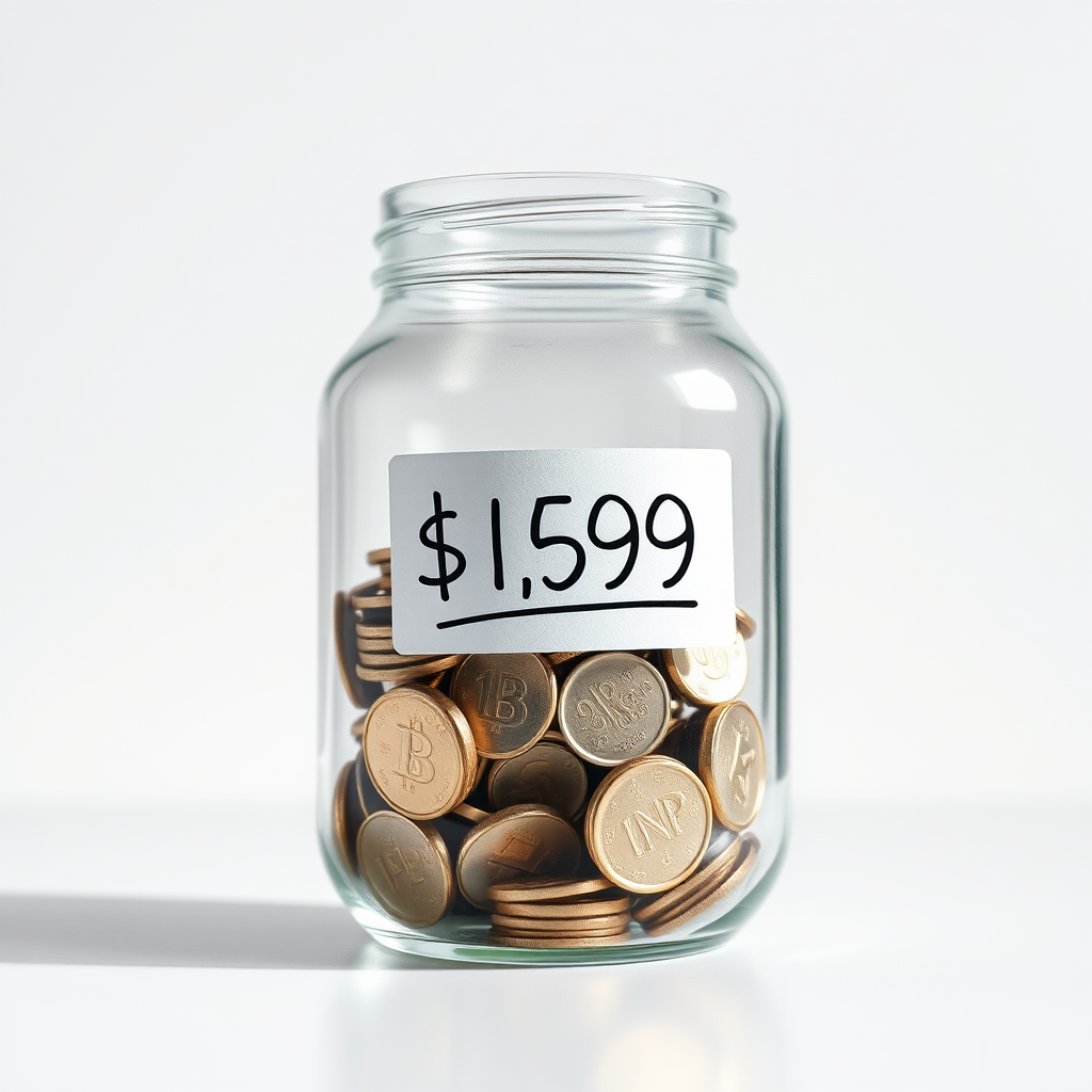 A photorealistic image of a clear glass jar filled with coins and a price tag inside, symbolizing transparency in pricing. The background is a simple white surface, with the jar catching light to emphasize clarity. Lighting is bright and direct, with sharp reflections on the glass. Color palette is minimal, with the coins adding a metallic contrast. Camera angle is straight-on, focusing on the price tag. Style references include honest and open business practices. Technical specs: 4K resolution, high quality.