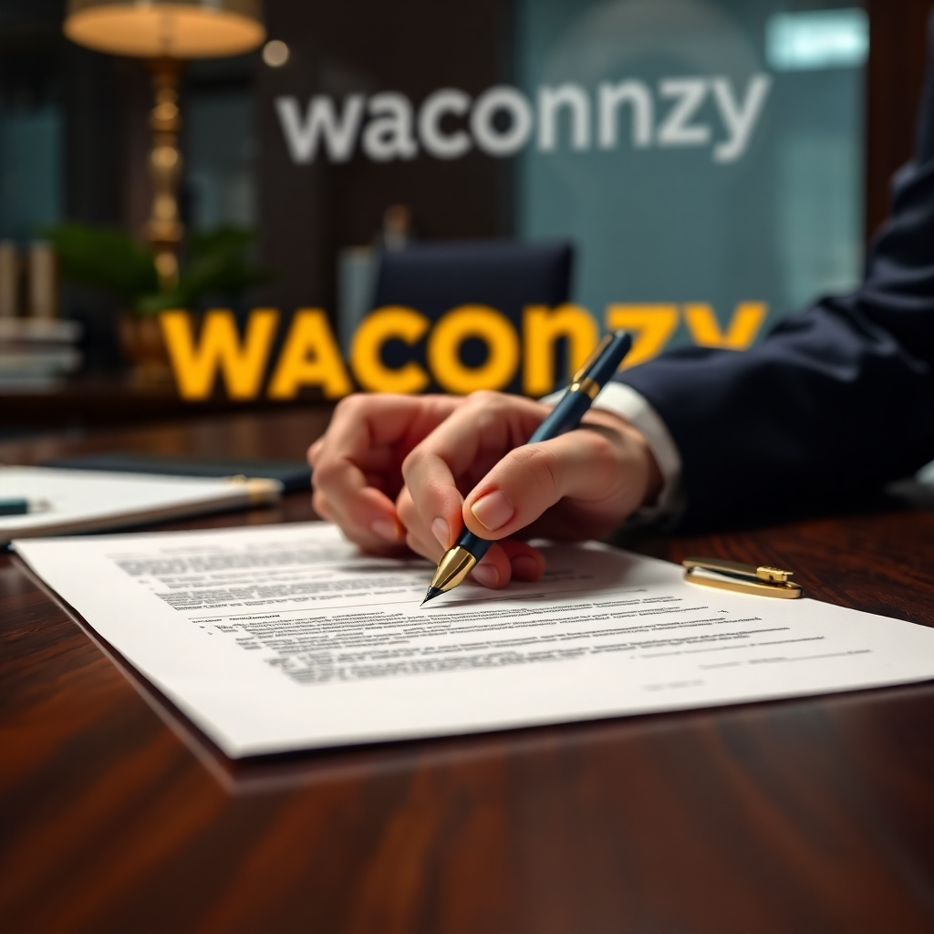 A photorealistic image of a contract being signed on a desk, with Waconzy's logo visible in the background. The composition symbolizes the finalization of a booking, with professional, focused lighting. The color palette is formal yet inviting, with dark blues and golds. The camera angle is overhead, capturing the signing moment. Texture details include the paper texture of the contract and the pen's metallic finish. The environment is a professional office. Props include the contract and a luxury pen. Style references include corporate and legal photography. Technical specs: 4K resolution, high quality.