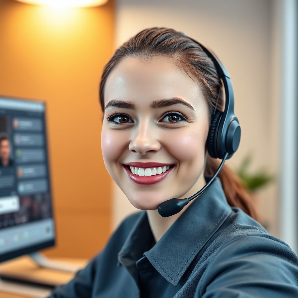 A photorealistic image of a customer service representative wearing a headset, smiling and ready to help, with a computer screen showing a live chat interface in the background. Lighting is professional and bright, with a focus on the representative's friendly expression. Color palette is neutral with a pop of color for the headset. Camera angle is at eye level, creating a connection. Style references include customer service excellence. Technical specs: 4K resolution, high quality.