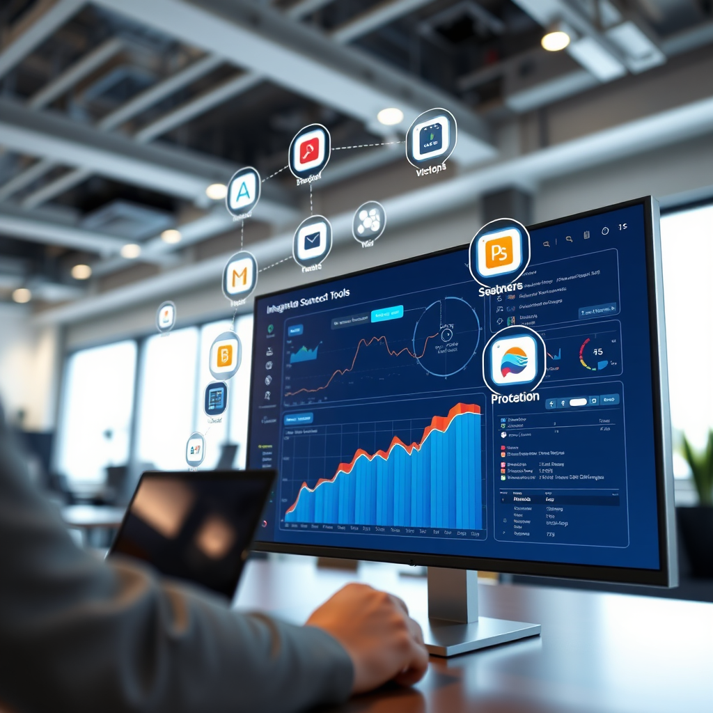 A photorealistic image of a dashboard seamlessly integrating with popular business tools, symbolizing ease of use and connectivity. The scene is brightly lit, with a focus on the screen's interface. Colors are vibrant, highlighting integration icons. Camera angle is direct, emphasizing the dashboard's clarity. Technical specs: 4K resolution.