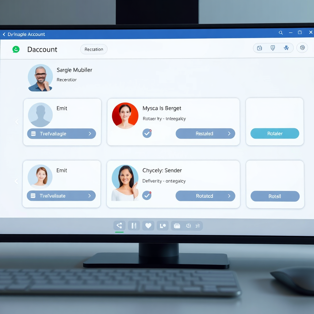 A photorealistic image of a digital interface managing multiple sender accounts, with icons representing rotation and management features. The scene is clean and organized, with a neutral color palette. Technical specs: 4K resolution.