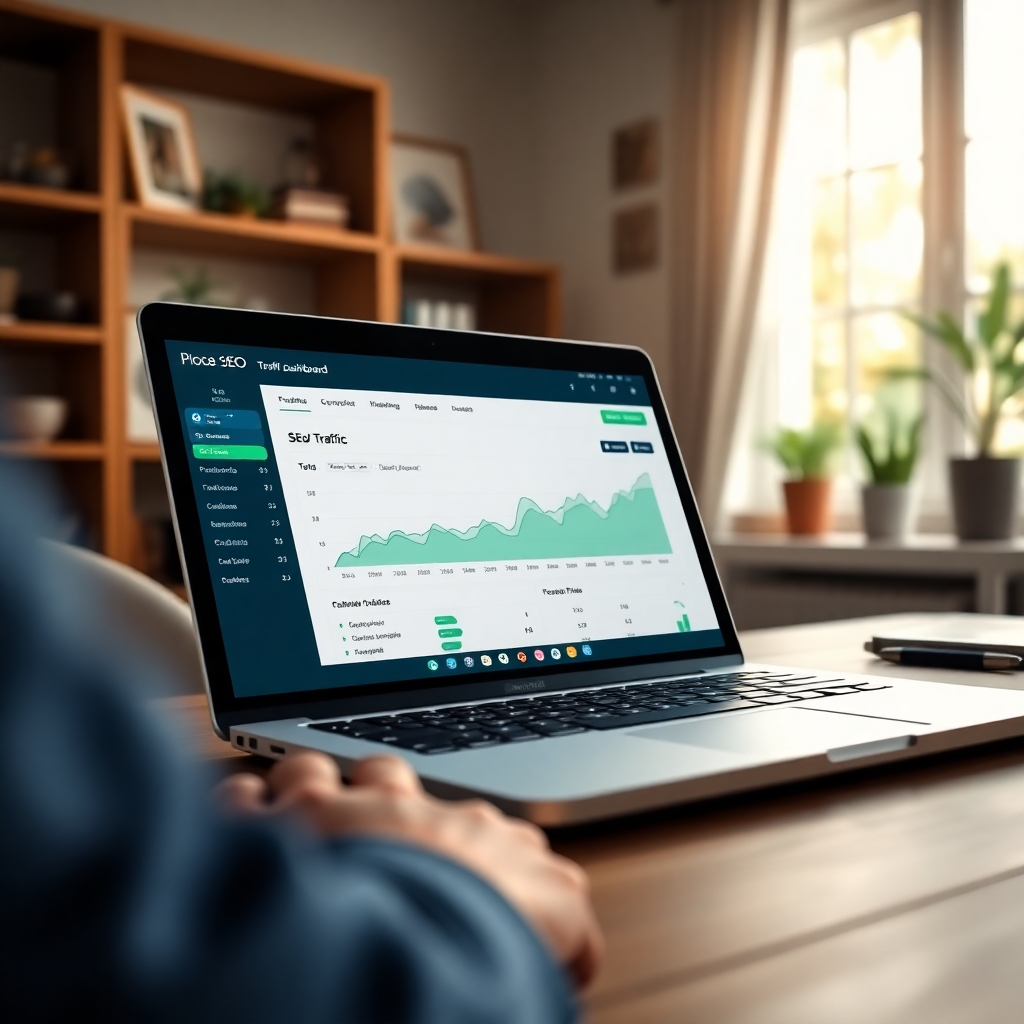 A photorealistic image of a laptop screen showing a website's SEO dashboard with rising traffic graphs. The background is a cozy home office with natural light filtering through the window. The color palette is warm and professional, with greens and blues dominating. The camera angle is over-the-shoulder to give a personal touch. Style references include clean, modern web design aesthetics.