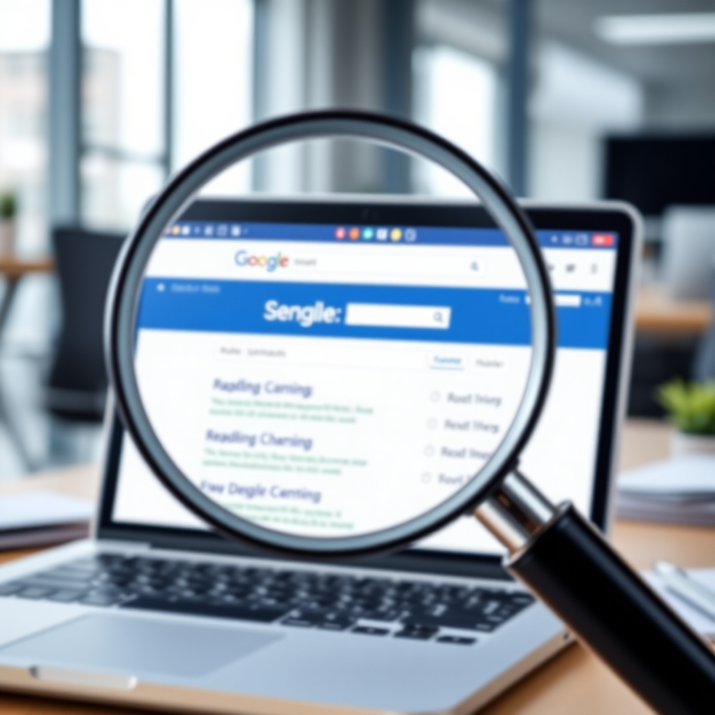 A photorealistic image of a magnifying glass over a laptop screen showing search engine results with a website ranking at the top. The background is a blurry office. The color palette is professional with blues and whites. The camera angle focuses on the magnifying glass and the screen. Style references include professional SEO marketing materials.