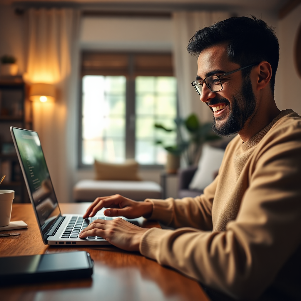 A photorealistic image of a person smiling while completing a payment on a laptop, with the interface clearly visible and easy to understand. The background is a cozy home office, with soft lighting creating a comfortable atmosphere. Color palette is warm and inviting, with a focus on usability. Camera angle is over-the-shoulder, providing a personal perspective. Style references include ergonomic and user-centered design. Technical specs: 4K resolution, high quality.
