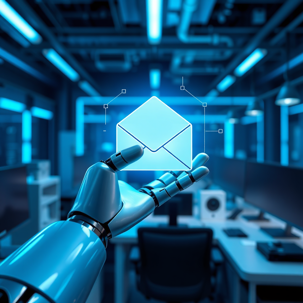 A photorealistic image of a robot hand sending an email, symbolizing automation. The background is a futuristic workspace, with the robot hand sleek and modern. Lighting is cool and technological, with blue accents. Color palette is metallic with electronic hues. Camera angle is dynamic, showing the action of sending. Style references include AI and automation trends. Technical specs: 4K resolution, high quality.