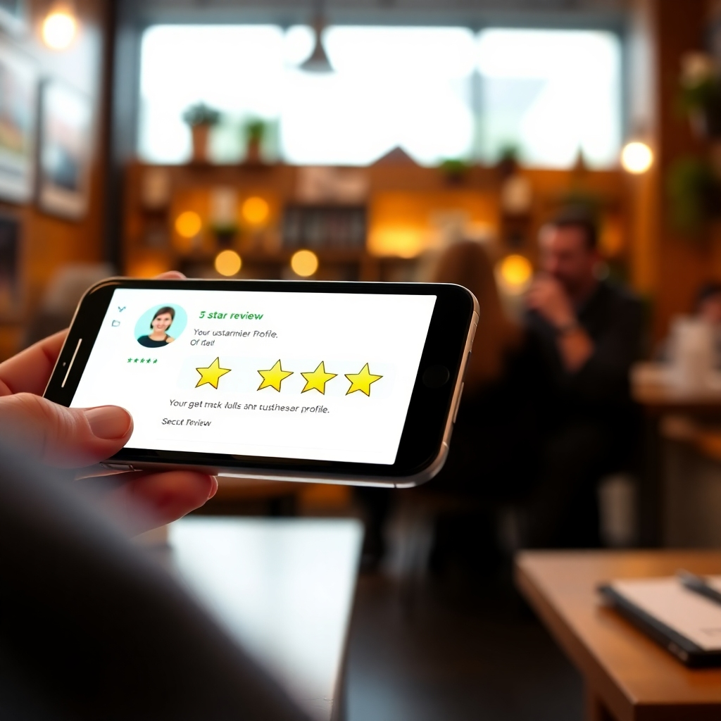 A photorealistic image of a smartphone screen showing a five-star review being submitted on a business profile. The background is a café setting, suggesting a happy customer experience. The lighting is warm and inviting. The color palette focuses on the bright stars and positive green colors. The camera angle is close-up on the screen. Style references include authentic customer interaction scenes.