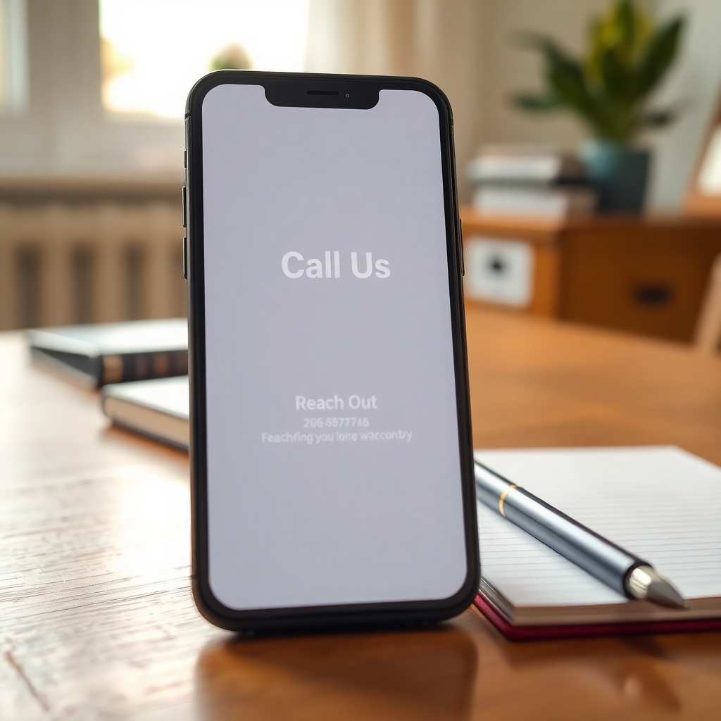 A photorealistic image of a smartphone showing the 'Call Us' screen with Waconzy's booking contact information, placed on a table with a notepad and pen. The composition encourages reaching out, with warm, inviting lighting. The color palette is friendly, with soft yellows and blues. The camera angle is slightly angled, adding interest. Texture details include the smartphone's glass screen and the paper texture of the notepad. The environment is a home office. Props include the smartphone and writing materials. Style references include lifestyle and communication photography. Technical specs: 4K resolution, high quality.