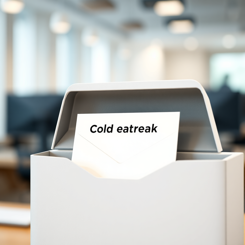A photorealistic image of an inbox with a highlighted cold email, symbolizing effective outreach. The background is a blurred office, with the email clearly visible and professional. Lighting is natural, with the email standing out. Color palette is neutral with a pop of color for the highlight. Camera angle is close-up, focusing on the email. Style references include digital marketing success. Technical specs: 4K resolution, high quality.