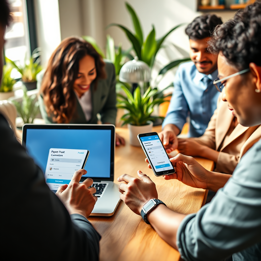 A photorealistic image showcasing a diverse group of professionals engaging with our payment page on various devices, symbolizing accessibility and trust. The composition is centered around a laptop, tablet, and smartphone displaying our payment interface, with hands of different ethnicities interacting with the devices. Lighting is natural and warm, creating an inviting atmosphere. The color palette is vibrant yet professional, with accents of blue and green to signify growth and reliability. Camera angle is at eye level, making the scene relatable. Texture details include the tactile feel of the devices and the softness of the background. Environment is a cozy, modern co-working space with plants and natural light. Style references include contemporary tech branding with a human touch. Technical specs: 4K resolution, high quality.