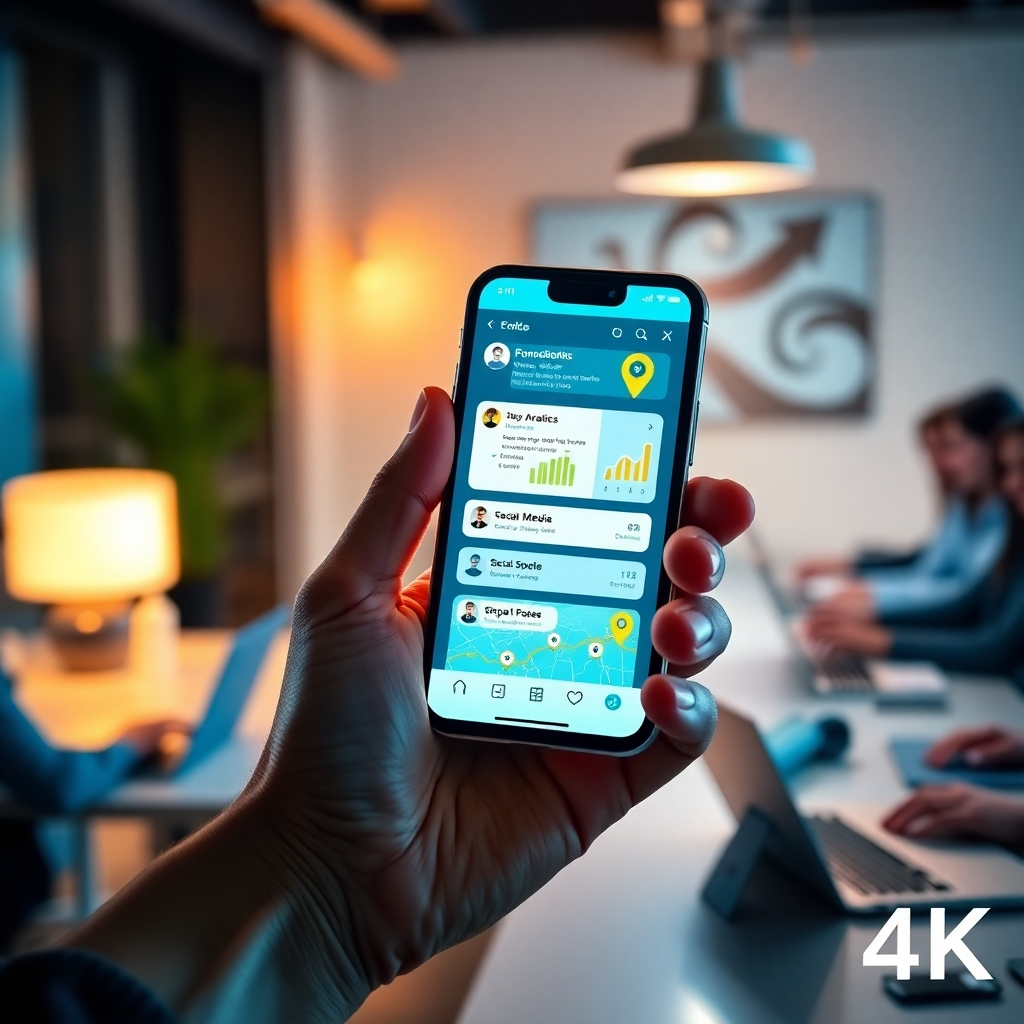 A photorealistic or stylized image capturing the essence of digital marketing success. The composition shows a hand holding a smartphone with a glowing screen displaying various social media notifications, website analytics, and a map pin location. The background is a blurred office space with team members working on laptops. Lighting is warm and inviting, with a color palette of soft blues and vibrant yellows to highlight the digital elements. The camera angle is close-up to focus on the smartphone screen and the hand. Style references include modern digital art with a focus on technology and connectivity. Technical specs: 4K resolution, high quality to ensure clarity and impact.