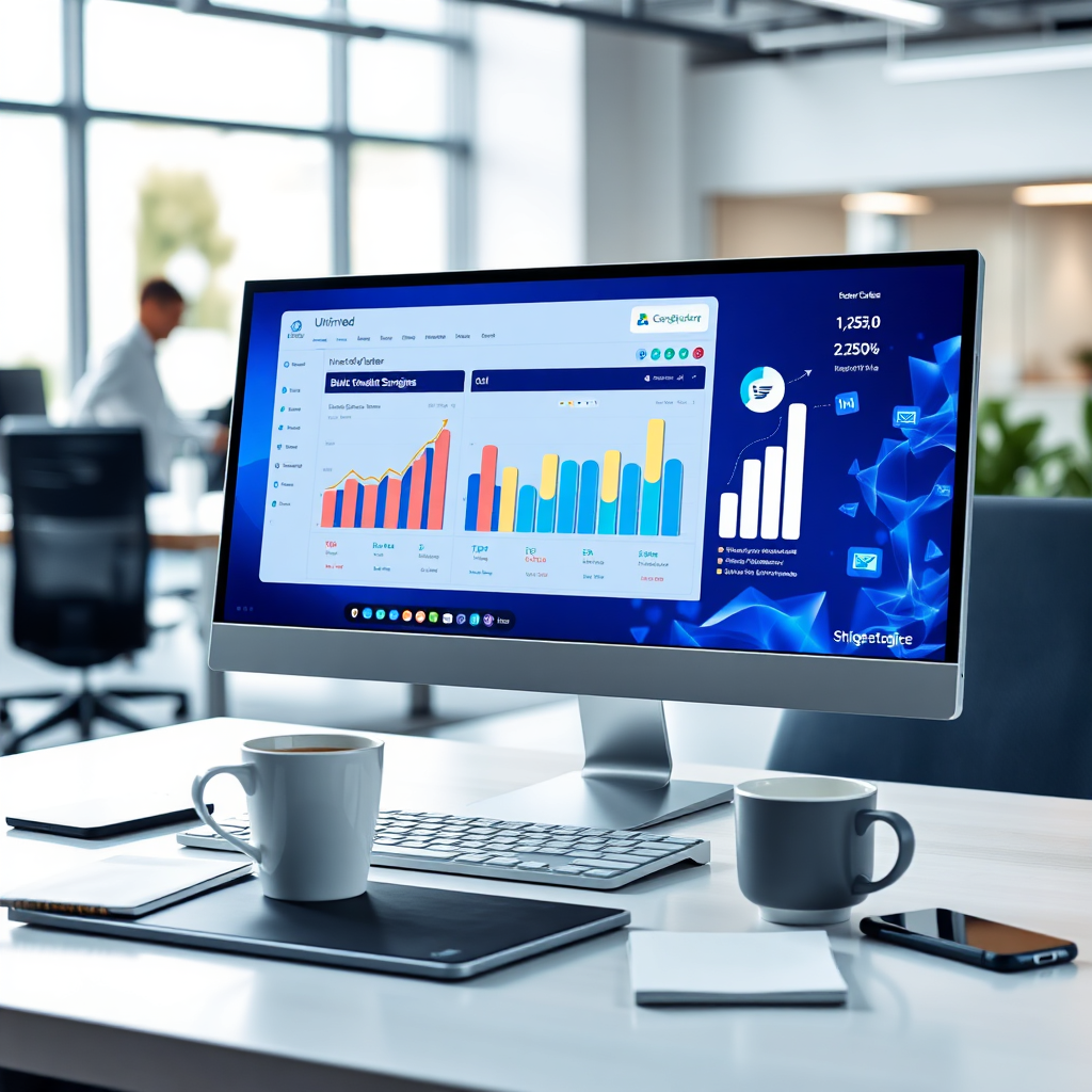 A photorealistic, ultra-high quality header image depicting a sleek, modern digital marketing workspace. The scene includes a high-tech computer screen displaying a dashboard of 'Bulk Cold Email Marketing Software | Unlimited', with vibrant graphs and email icons symbolizing unlimited sending capabilities. The composition focuses on the screen, with a blurred background of a professional office environment. Lighting is bright and dynamic, highlighting the screen's glow. The color palette is dominated by blues and whites, conveying trust and efficiency. Camera angle is slightly elevated, offering a clear view of the screen and workspace. Texture details include the glossy screen, matte keyboard, and soft office lighting. Props include a coffee cup, notebook, and smartphone, suggesting a productive work session. Style references include hyperrealistic digital advertising imagery. Technical specs: 8K resolution, hyperrealistic detail.