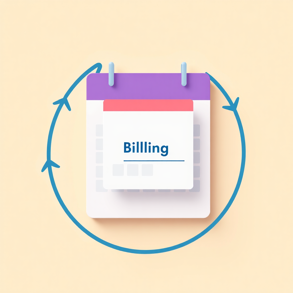 A stylized image of a calendar with a recurring event marked for billing, surrounded by circular arrows representing continuity. The background is a soft pastel color, with the calendar and arrows in bold colors. Lighting is even, with the circular arrows creating a sense of motion. Color palette is soothing yet dynamic. Camera angle is flat, emphasizing the calendar layout. Style references include subscription management tools. Technical specs: 4K resolution, high quality.