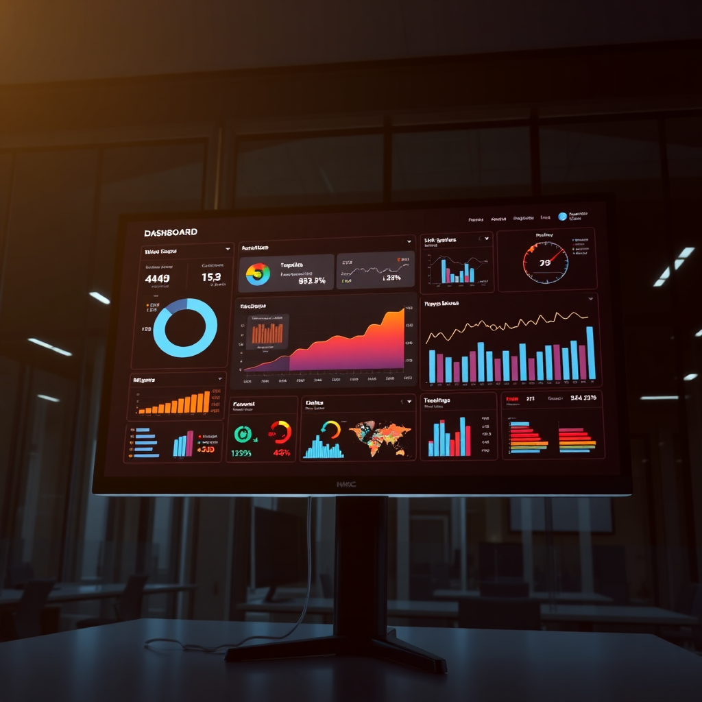 A stylized image of a dashboard on a large monitor, displaying various metrics and graphs, symbolizing data-driven decisions. The background is a modern office, with the screen glowing with information. Lighting is dim, with the dashboard brightly lit. Color palette is dark with vibrant data visualizations. Camera angle is slightly from the side, showing the depth of the screen. Style references include business intelligence tools. Technical specs: 4K resolution, high quality.