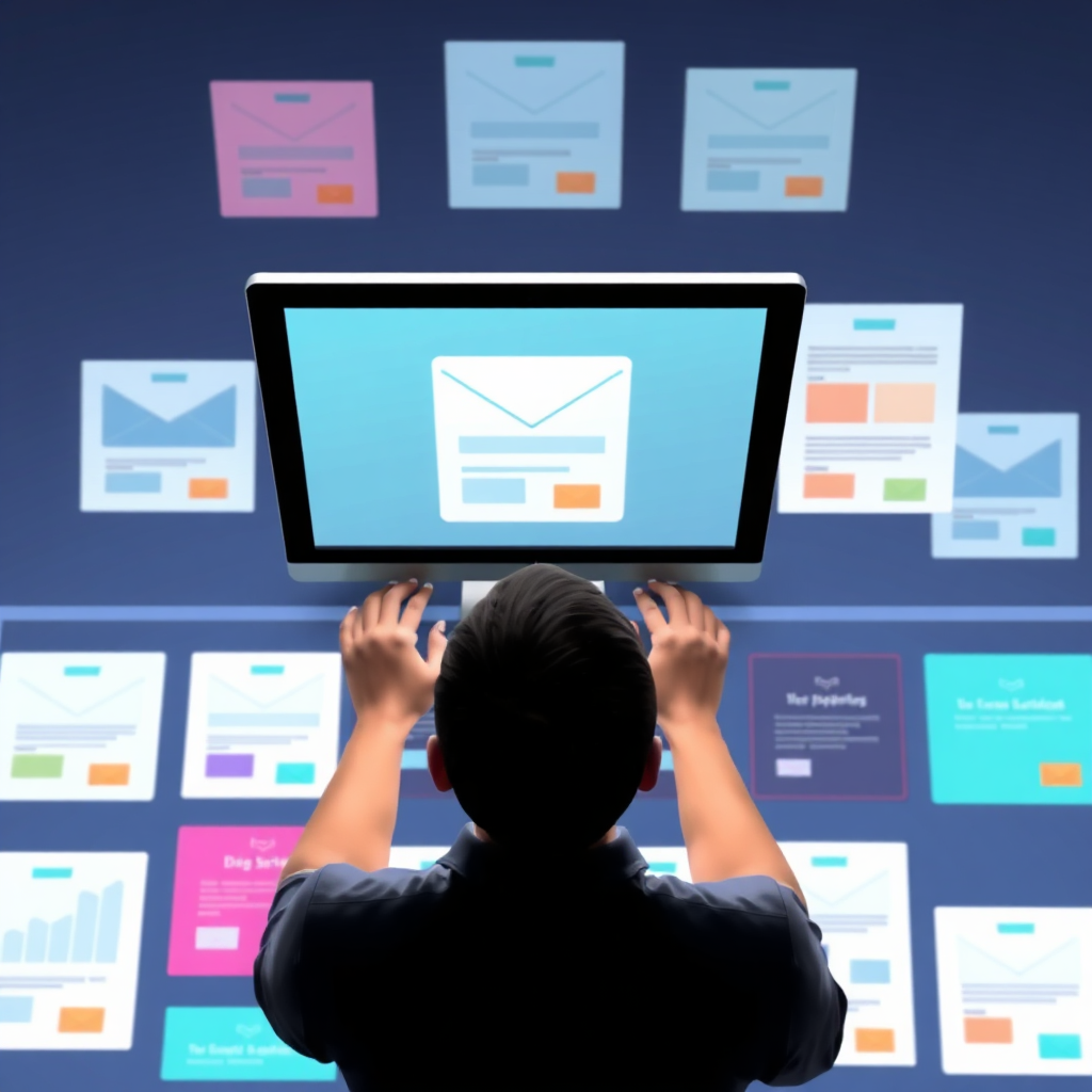 A stylized image of a designer selecting from a variety of email templates on a digital interface, symbolizing creativity and choice. The scene is well-lit, with a colorful palette representing different template designs. Camera angle is overhead, showcasing the variety. Technical specs: 4K resolution.
