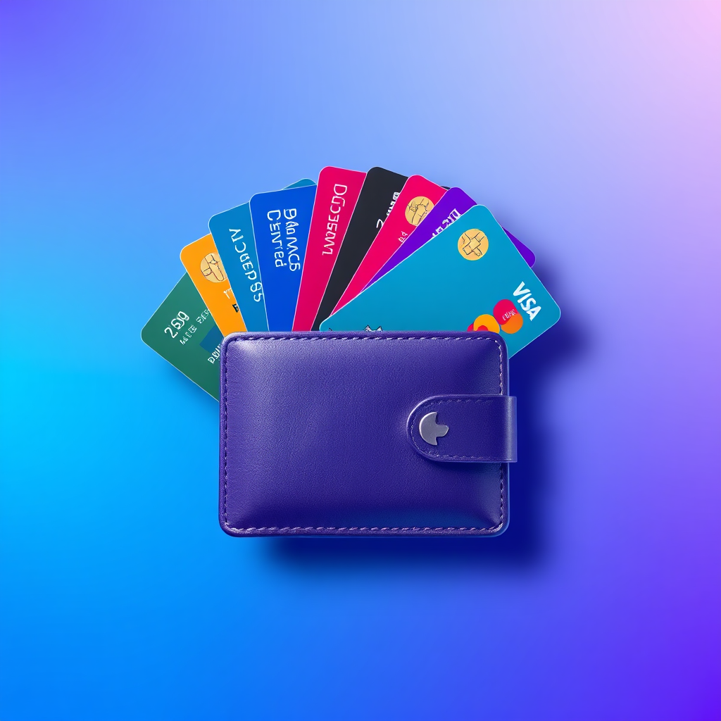 A stylized image of a digital wallet with various payment cards fanned out, symbolizing the diversity of payment options available. The background is a soft gradient of blues and purples, representing security and innovation. The cards have a glossy finish, reflecting light to highlight their details. Composition is clean and focused, with the wallet centered. Lighting is soft and diffused, enhancing the cards' colors. Camera angle is slightly overhead, providing a clear view of all payment methods. Style references include modern fintech advertisements. Technical specs: 4K resolution, high quality.