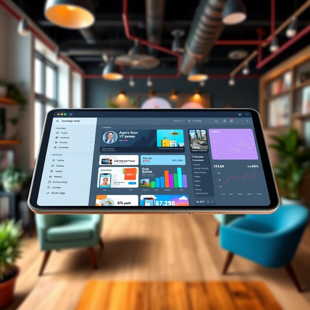 A stylized image of a digital ad campaign dashboard on a tablet, with various ad creatives and performance metrics. The setting is a modern marketing agency with creative decor. The lighting is dynamic, with highlights on the ad visuals. The color palette is diverse, reflecting the different ad themes. The camera angle is overhead to showcase the dashboard. Style references include creative advertising layouts.