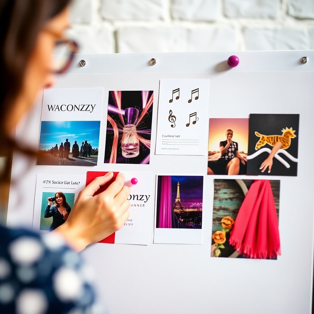A stylized image of a mood board with images of Waconzy, musical notes, and event themes, being arranged by a planner. The composition represents the customization process, with creative, diffused lighting. The color palette is vibrant and eclectic, reflecting various themes. The camera angle is close-up, focusing on the board. Texture details include the paper and fabric samples on the board. The environment is a design studio. Props include the mood board and pins. Style references include creative and design photography. Technical specs: 4K resolution, high quality.