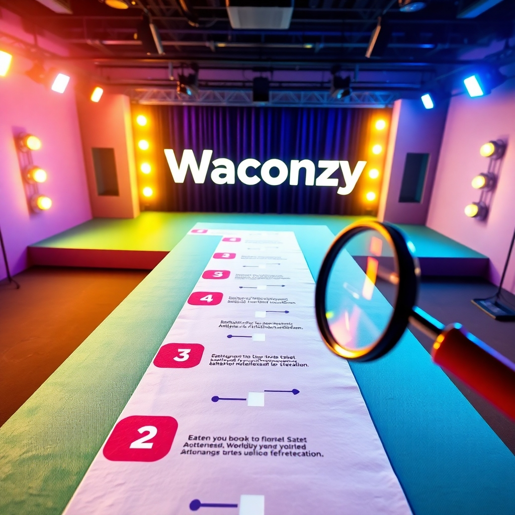 A stylized image of a roadmap with numbered steps leading to a stage with Waconzy's name in lights. The composition illustrates the booking journey, with bright, clear lighting. The color palette is engaging, with vibrant colors for each step. The camera angle is overhead, showing the entire path. Texture details include the paper texture of the roadmap and the glow of the stage lights. The environment is a creative studio. Props include the roadmap and a magnifying glass. Style references include infographic and educational photography. Technical specs: 4K resolution, high quality.