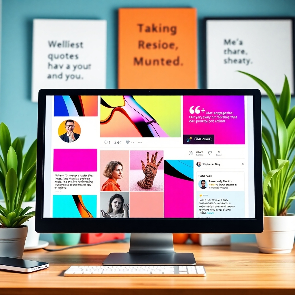 A stylized image of a social media feed on a desktop screen, with vibrant posts showing high engagement metrics. The background is a creative workspace with plants and inspirational quotes. The color palette is bright and energetic, with each post having its own color scheme. The camera angle is slightly tilted for a dynamic feel. Style references include contemporary digital marketing visuals.