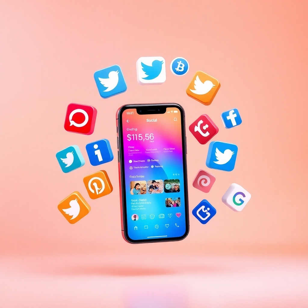 A stylized image of multiple social media icons floating around a smartphone with a vibrant social feed. The background is a gradient of trendy colors. The lighting is bright and modern. The color palette is varied, representing different platforms. The camera angle is dynamic, looking slightly up at the phone. Style references include contemporary social media graphics.