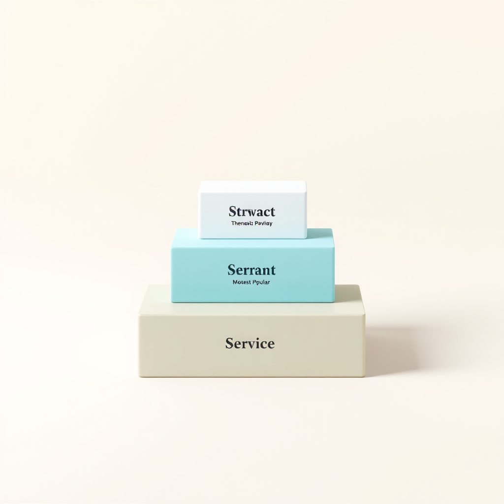 A stylized image of three tiered boxes representing different service plans, with the most popular plan highlighted. The background is a soft gradient, with the boxes having a clean, modern design. Lighting is even, with subtle shadows to add depth. Color palette uses contrasting colors to differentiate the plans. Camera angle is straight-on, emphasizing the tiered structure. Style references include subscription service marketing. Technical specs: 4K resolution, high quality.