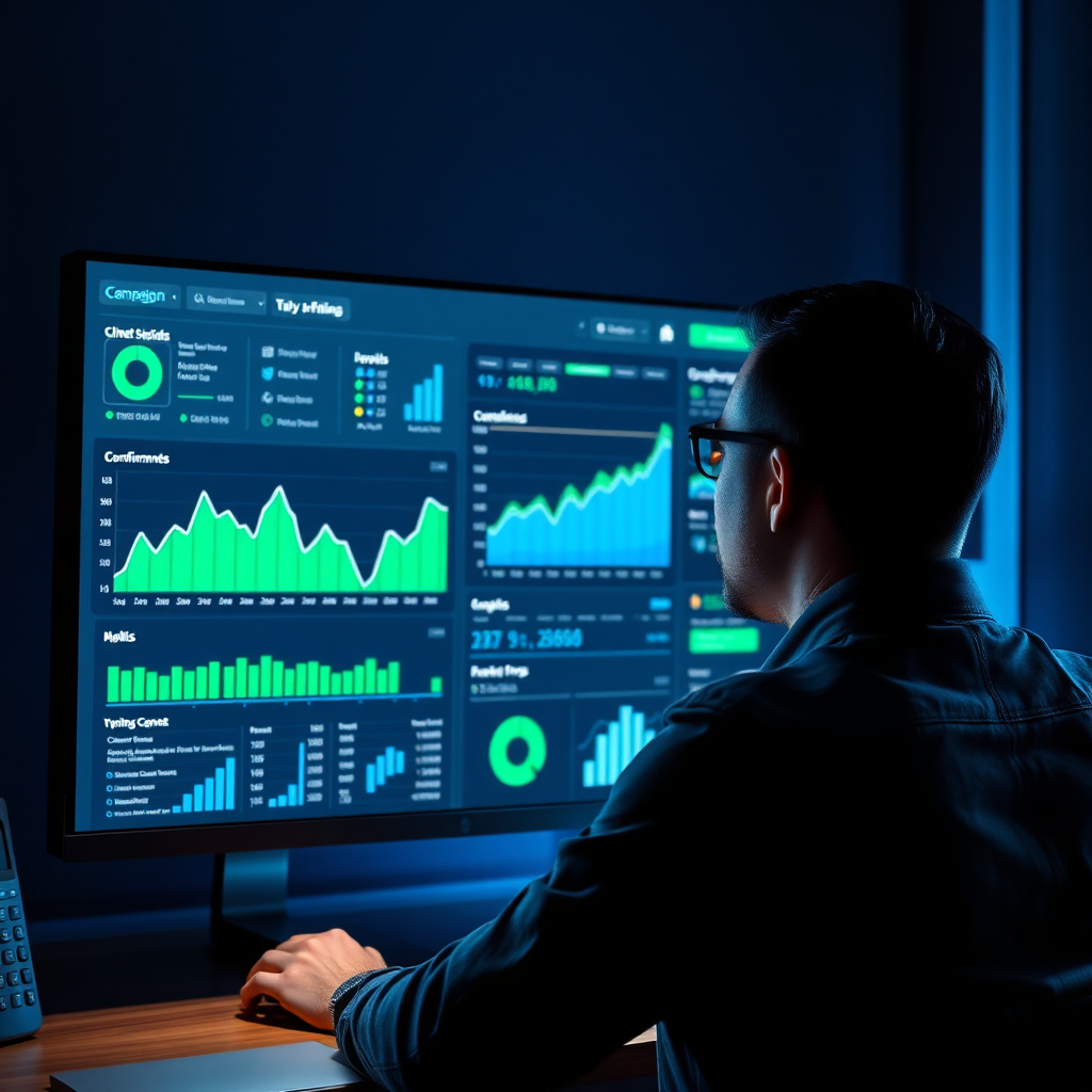 An image depicting a marketer analyzing campaign data on a sleek analytics dashboard, with graphs and charts showing performance metrics. Lighting is focused on the screen, with a dark background to highlight data visuals. Color palette includes blues and greens for a professional look. Technical specs: 4K resolution.