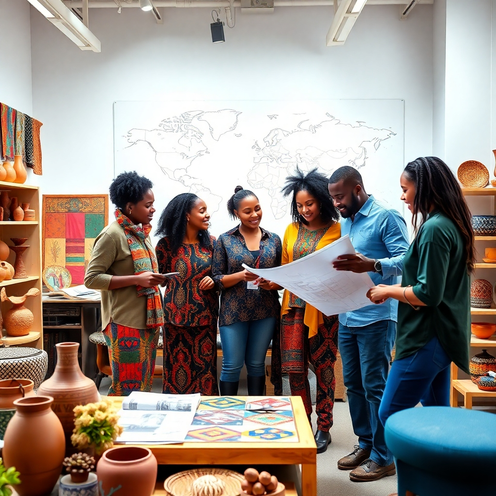 A 4K high-quality image showcasing a diverse team of designers at African House collaborating on a project. The setting is a bright, modern design studio filled with samples of African textiles, pottery, and furniture. The designers are reviewing blueprints and discussing design concepts. The overall atmosphere is creative, collaborative, and passionate. The color palette is vibrant and energetic, reflecting the diversity of African design. A large world map in the background symbolizes the company's global perspective. The camera angle is medium shot, capturing the team's interaction and the details of the studio environment. Style reference: a modern, inclusive workplace with strong African cultural elements.