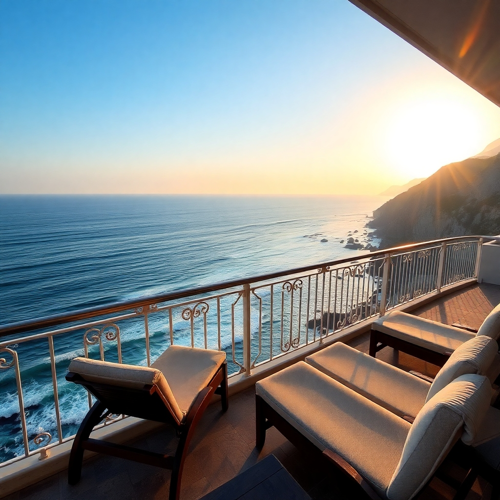 A breathtaking coastal view from a luxury hotel terrace during sunrise. The composition showcases the vast ocean, with sunlight reflecting off the water's surface, creating sparkles. Color palettes feature soft pastels at dawn, with gentle waves rolling toward the shore. The texture of soft lounge chairs and elegant railings contrasts nicely with the rugged landscape. The camera angle should capture the expanse of the ocean while inviting viewers to immerse themselves in the experience. High-resolution imagery in 4K should emphasize this serene morning scene.