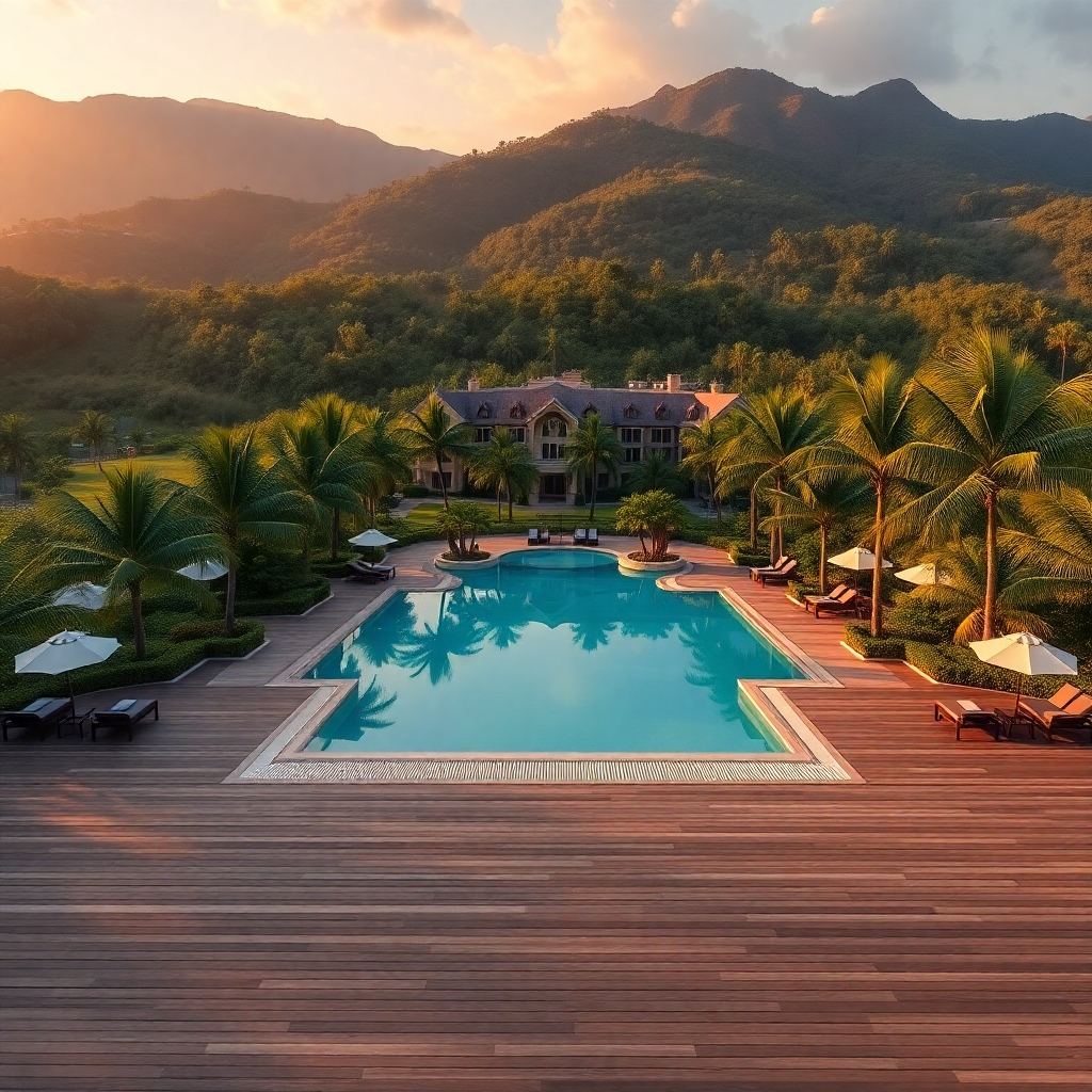 A breathtaking, photorealistic header image showcasing the essence of 'Safiia Hospitality'. The image features a picturesque landscape with a luxurious resort nestled among lush greenery. Soft, golden hour lighting bathes the scene, highlighting the tranquil swimming pool surrounded by palm trees. The color palette combines soothing earth tones with splashes of vibrant tropical colors. The camera angle captures an inviting view, making the viewer feel as if they are stepping into this oasis. Textures of wooden decking and smooth pool tiles give a tangible sense of comfort and luxury. The environment includes subtle elements like sun loungers, spa facilities and serene walking paths, all conveying a message of calm and relaxation. Technical specs should ensure a resolution of 8K for hyperrealistic detail.