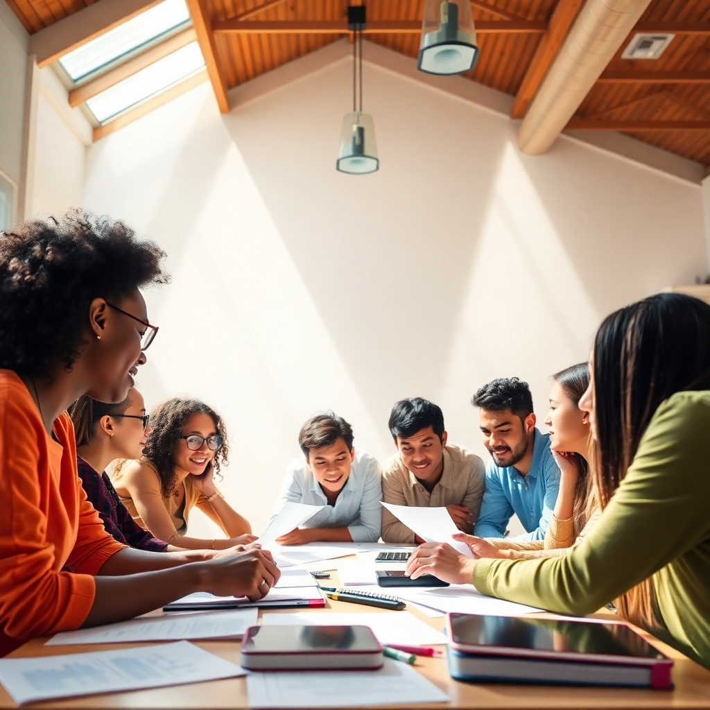 A bright image showcasing a diverse group of learners brainstorming together around a table filled with papers and technology. Natural light beams down, creating an uplifting atmosphere. The color palette should be bright and diverse to reflect different cultures. The textures should include the tactile feel of paper and digital devices. This visual emphasizes the importance of collaboration in effective learning.