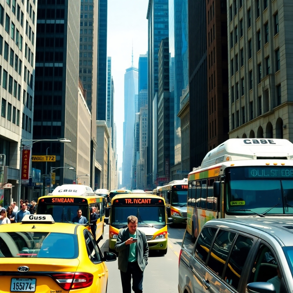 A bustling cityscape featuring multiple modes of transport: subways, buses, and taxis, all interlinked seamlessly. Natural light filters through tall buildings, creating shadows and reflections that add depth. The foreground shows commuters strategically using their devices to plan transit, while the background depicts iconic city landmarks. The color palette consists of urban grays and pops of color for vehicles and people. The camera angle should be slightly elevated to capture the movement and energy of urban life. Technical specs should ensure photorealism.