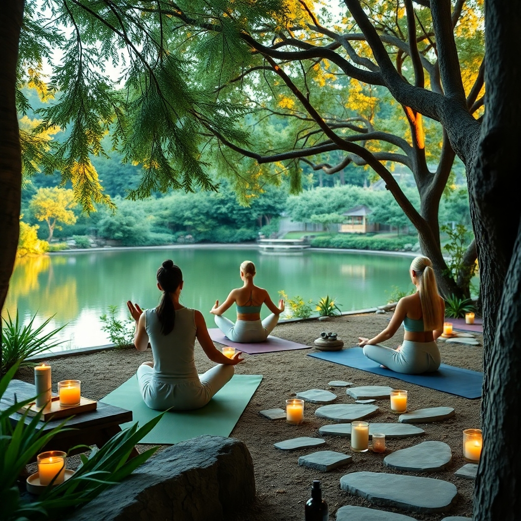 A captivating, stylized image encapsulating the mission of Safiia Hospitality. The scene depicts a serene retreat setting surrounded by lush gardens, where guests indulge in yoga classes by a calm lake. Warm, natural lighting filters through the trees, creating a calming atmosphere. The color palette features soft greens and blues, complemented by the earthy tones of natural materials. The camera angle beautifully frames the participants in yoga, highlighting their peaceful expressions. Relevant props include yoga mats, candle arrangements, and wellness products scattered throughout the scene. Textured details like the rough bark of trees and smooth stone walkways emphasize the harmonious connection to nature. The aim is for a high-quality, 4K resolution image that evokes tranquility and connection.