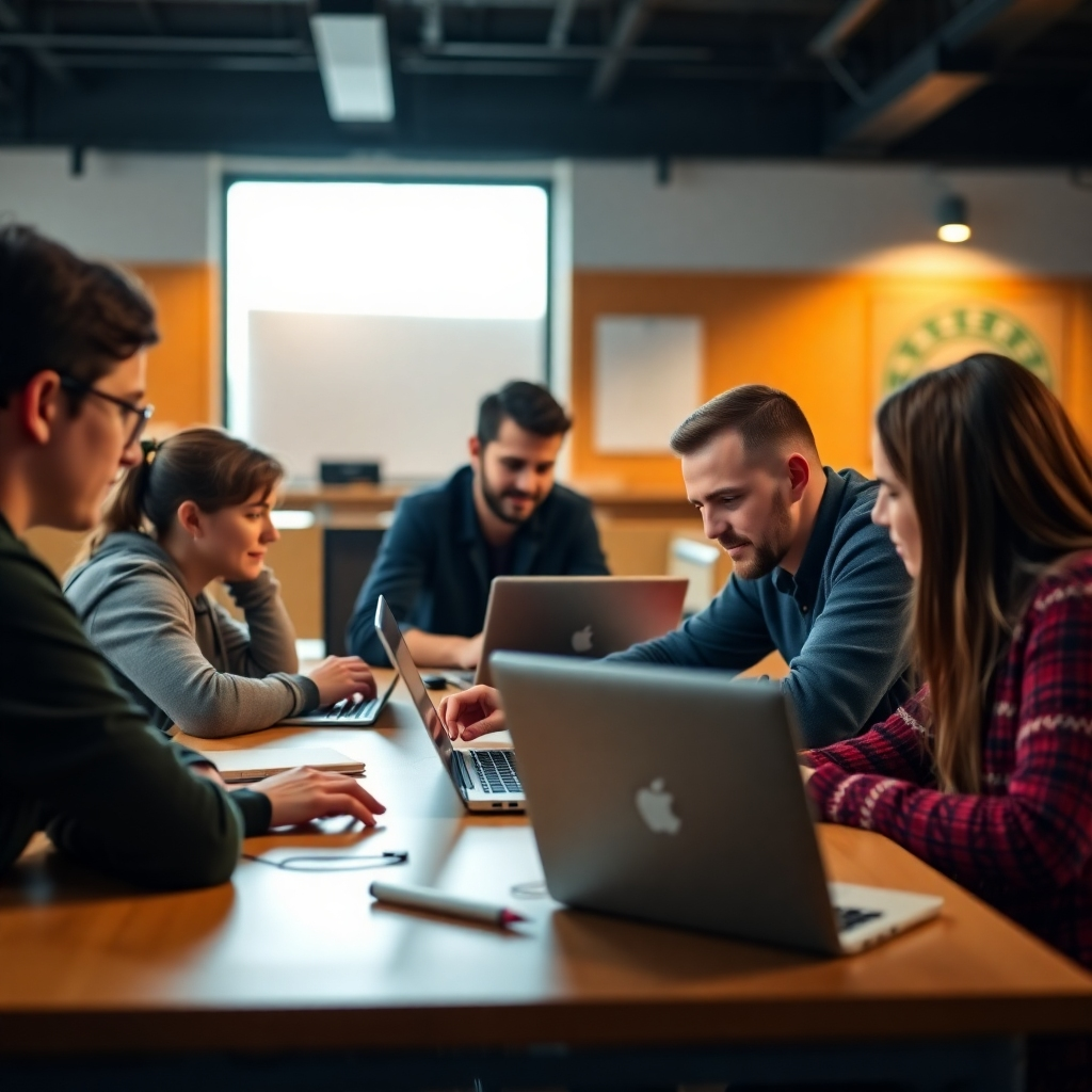 A classroom setting with students learning to code on laptops. Focus on the instructor helping students. Warm, inviting lighting. Technical specifications: 8K resolution, photorealistic.