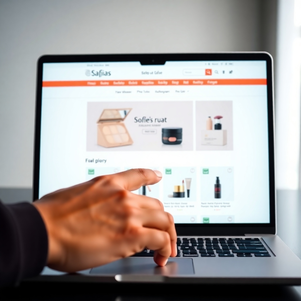 A clean and modern interface of SafiiaS Beauty online store is displayed on a laptop screen. A diverse hand selects an item using the mouse, bathed in soft ambient light. Displaying various products elegantly showcased. A focus on the ease of use and security of the platform. High-resolution capture the details.