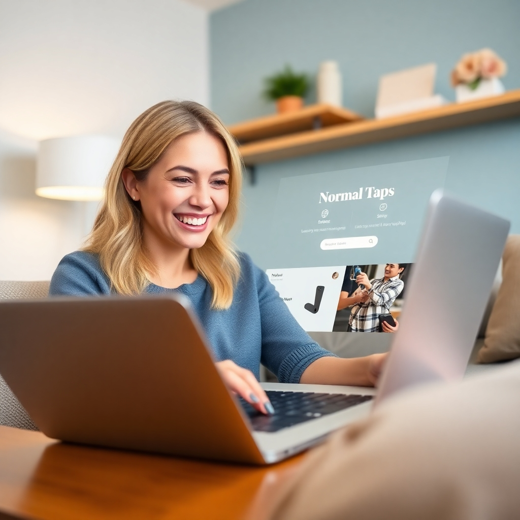 A clean and professional 4K image illustrating a woman happily using the 'Normal Taps add Our Story' website on her laptop. The scene should be set in a comfortable home environment, emphasizing the ease and convenience of online shopping. Focus is on the user-friendly interface and the positive customer experience. The camera angle should be a close-up, highlighting the website's features and the woman's satisfaction.