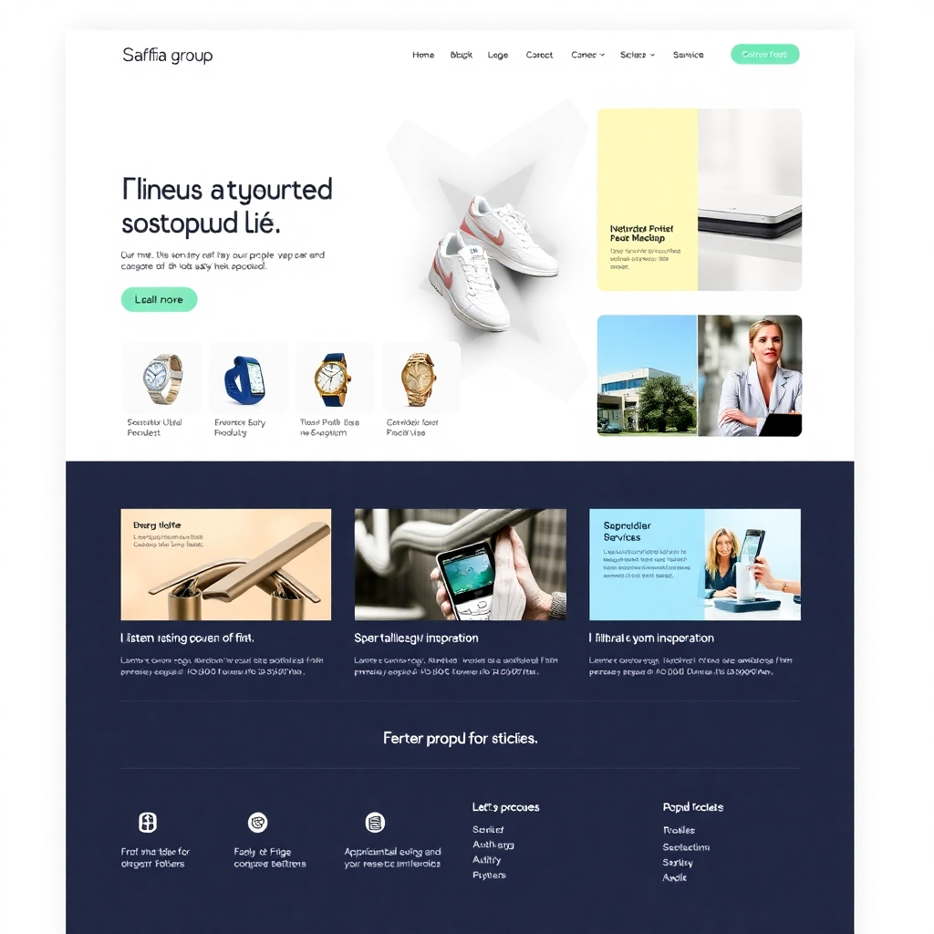 A clean, modern website design of the Safiia Group, showcasing a diverse range of products and services. Each section highlights a different offering with sleek graphics and clear headings. High-quality images and user-friendly design make browsing the website easy and engaging.