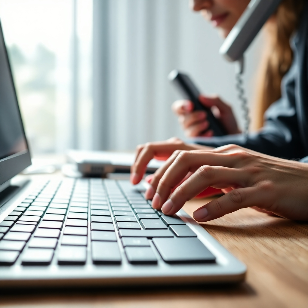 A close-up of a keyboard with hands typing, and a phone with a person answering the call. The scene is brightly lit with a focus on communication. Technical specifications: 8K resolution, photorealistic.