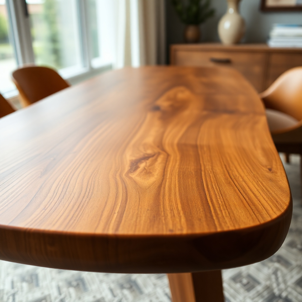 A close-up shot of a handcrafted wooden table made from sustainably sourced African wood. The table should be in a modern setting, highlighting its natural beauty and unique grain patterns. Focus on texture and detail to emphasize the eco-friendly aspect.