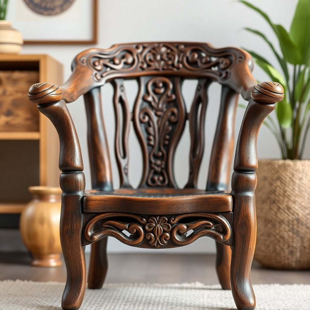 A close-up shot of a handcrafted African wooden chair with intricate carvings. The chair should be placed in a modern setting to highlight its versatility.