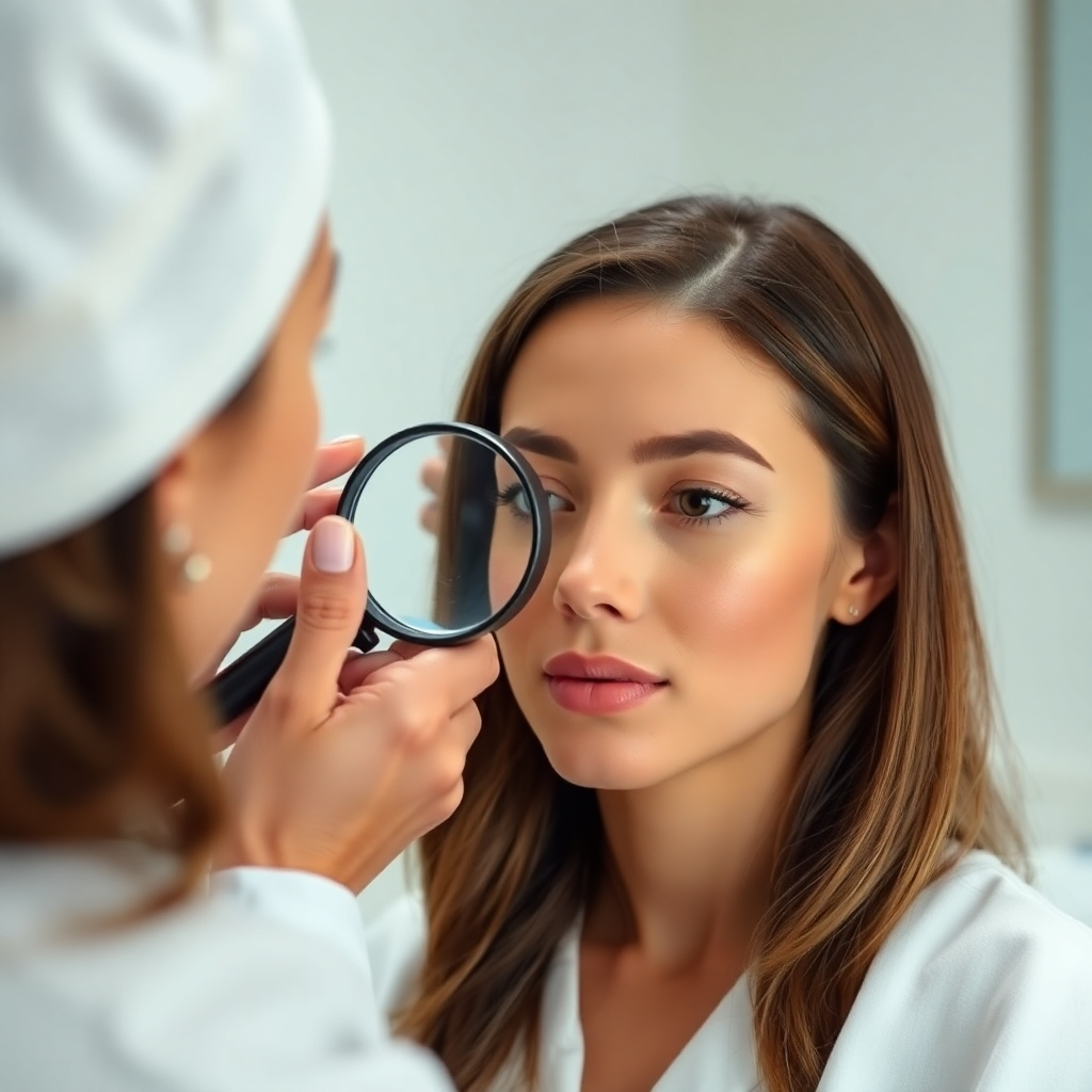 A close-up shot of a skincare expert examining a client's skin with a magnifying glass. The lighting is soft and flattering, highlighting the client's natural beauty. The background is a clean, minimalist spa setting. Style reference: Modern beauty photography with a focus on personalized care. Technical specs: 4K resolution, high quality.