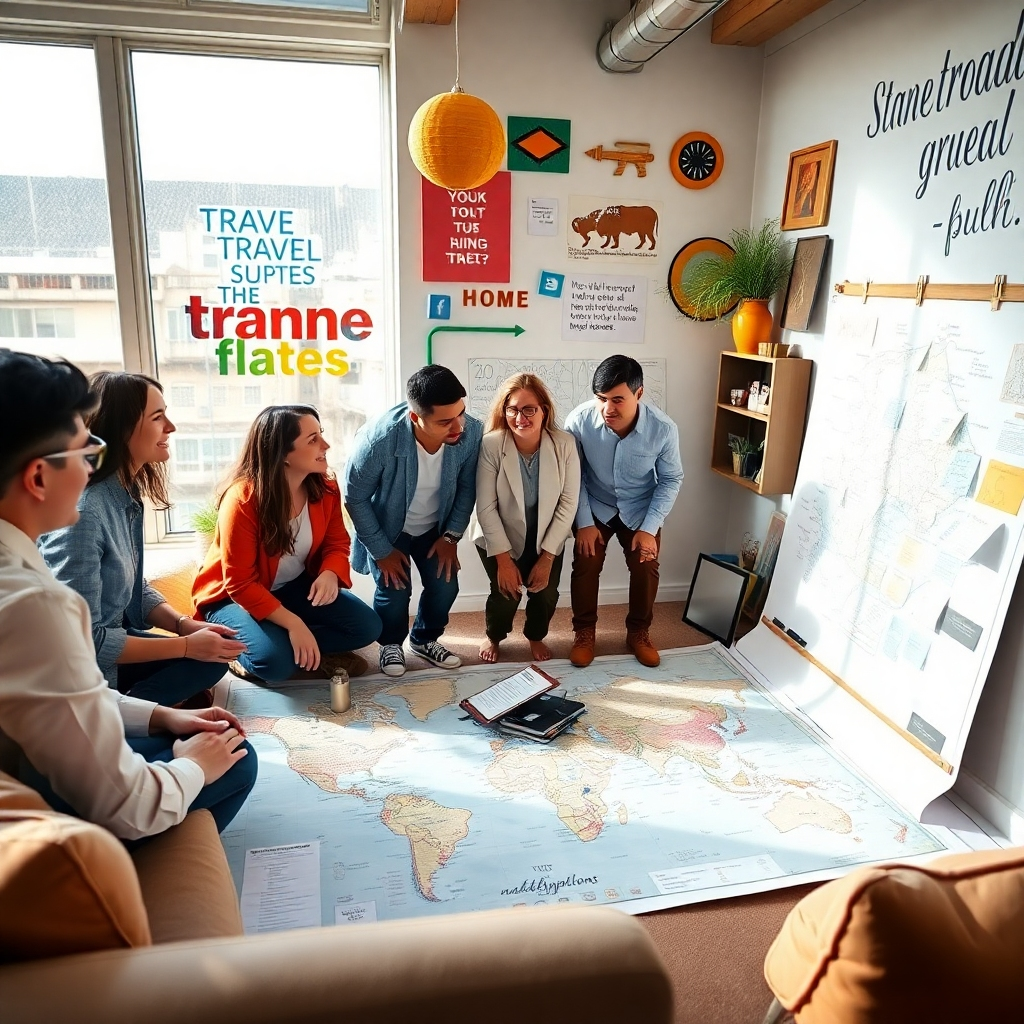 A collaborative scene showing a team of travel experts brainstorming over a large map and ideas on a whiteboard. The environment is creative, filled with inspirational travel quotes, and colorful decor. Natural light floods the space, enhancing the lively atmosphere. The textures include smooth surfaces from modern furniture and maps. The camera angle should capture the teamwork and excitement of planning. Technical specs should ensure clarity.