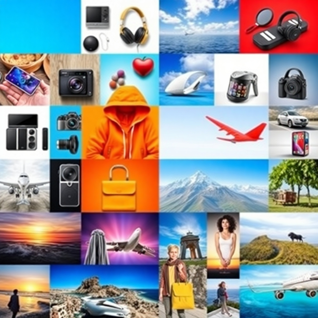 A collage of diverse images representing a vast selection of products and services, showcasing the wide range of offers available. High-quality images in vibrant colors, creating a visual representation of variety. From electronics to fashion, to travel.