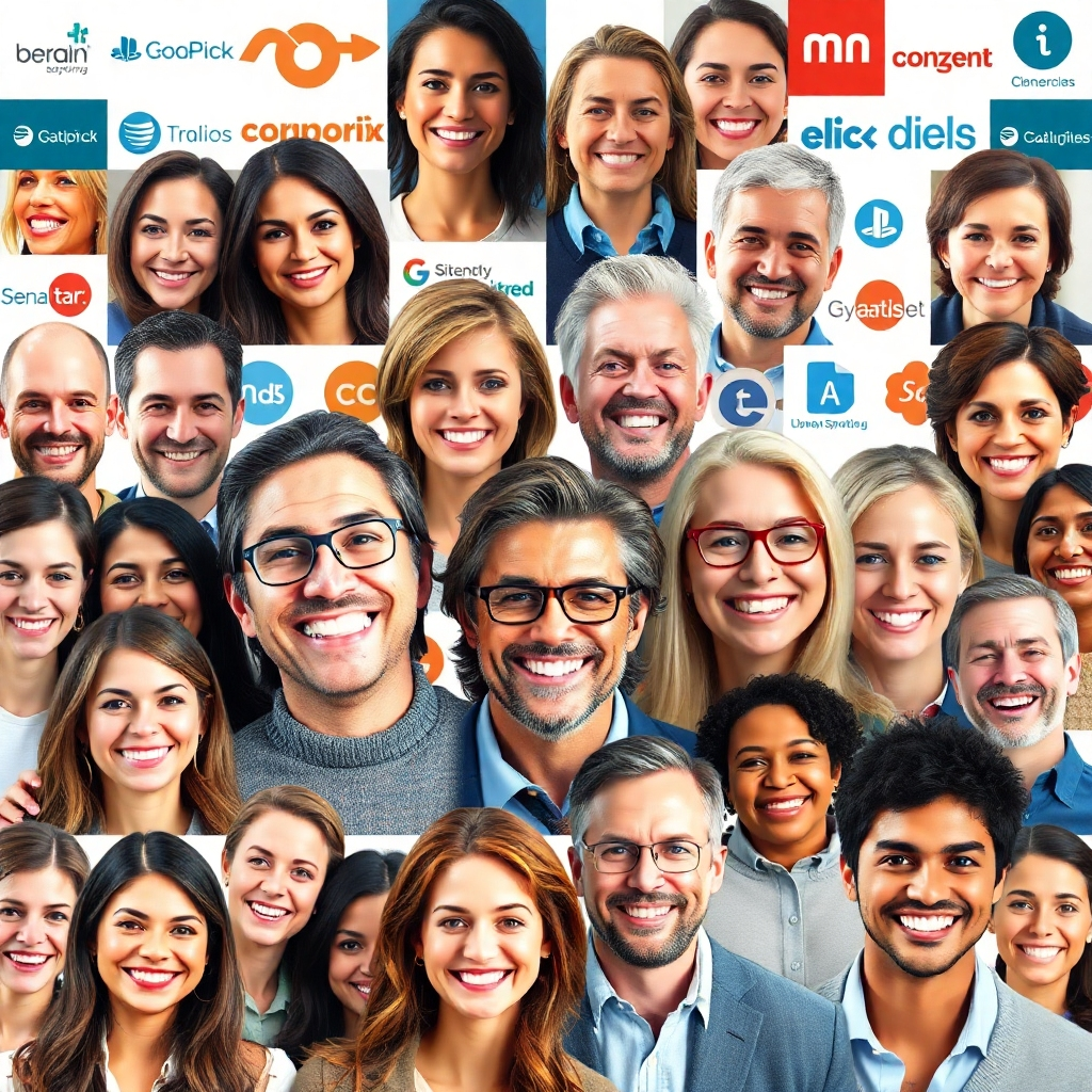 A collage of smiling faces representing satisfied clients. The background includes logos of well-known companies. Technical specifications: High resolution, photorealistic.
